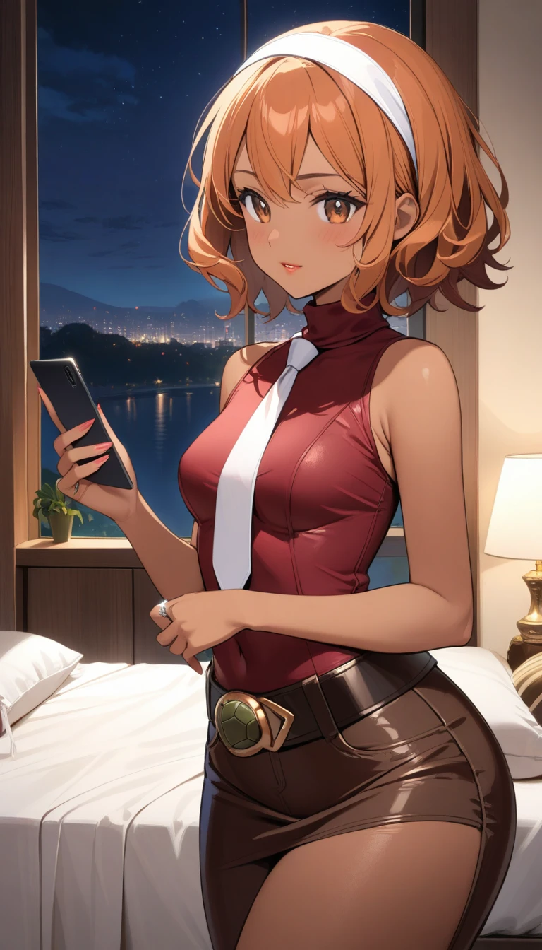 Beautiful 47y old woman with short frizzy dark brown orange hair, layered hair, with brown eyes, wearing ((Tight Jean Skirt)), ((Sexy Turtle Neck Sleeveless Dark Red Blouse)), ((Leather Belt)), ((White Tie)), ((White Headband), ((Wedding Ring)), standing in her bedroom at night, holding her cellphone, (dark-tanned skin), (light brown lipstick), (elegant mascara), (slim body), (small breasts), (wide hips), endjourney, <lora:GoodHands-, <lora:GoodLegs-, UHD, high resolution, (masterpiece:1.9, best quality), (expressive eyes, perfect face, full body, expressive face, perfect body, perfect pussy, athletic, fit, slim body, blushing, Perfect makeup, eyeliner, beautiful eyelashes, smiling, horny face), ((best illumination, best shadows)), ((sexy pose)), score_9_up, score_8_up, score_7_up