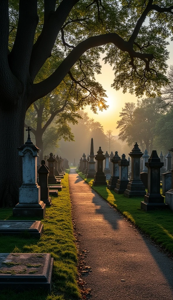clearing! Here is a prompt to create an image of a cemetery:

"A cemetery scene at dusk, with a soft orange sky in the background. The cemetery is peaceful and serene, with old, well-preserved stone tombstones, some moss-covered. There are a number of tall, leafy trees around, its shadows cast upon the ground. The soft light of twilight gently illuminates the tombstones, creating a calm and respectful atmosphere. The scene conveys a sense of peace and reflection."