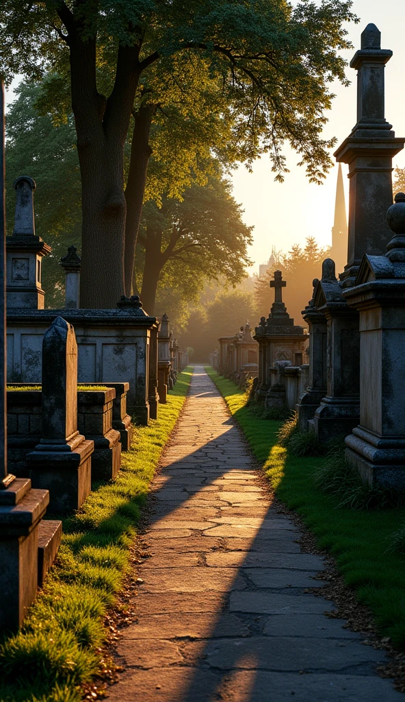 clearing! Here is a prompt to create an image of a cemetery:
"A cemetery scene at dusk, with a soft orange sky in the background. The cemetery is peaceful and serene, with old, well-preserved stone tombstones, some moss-covered. There are a number of tall, leafy trees around, its shadows cast upon the ground. The soft light of twilight gently illuminates the tombstones, creating a calm and respectful atmosphere. The scene conveys a sense of peace and reflection."