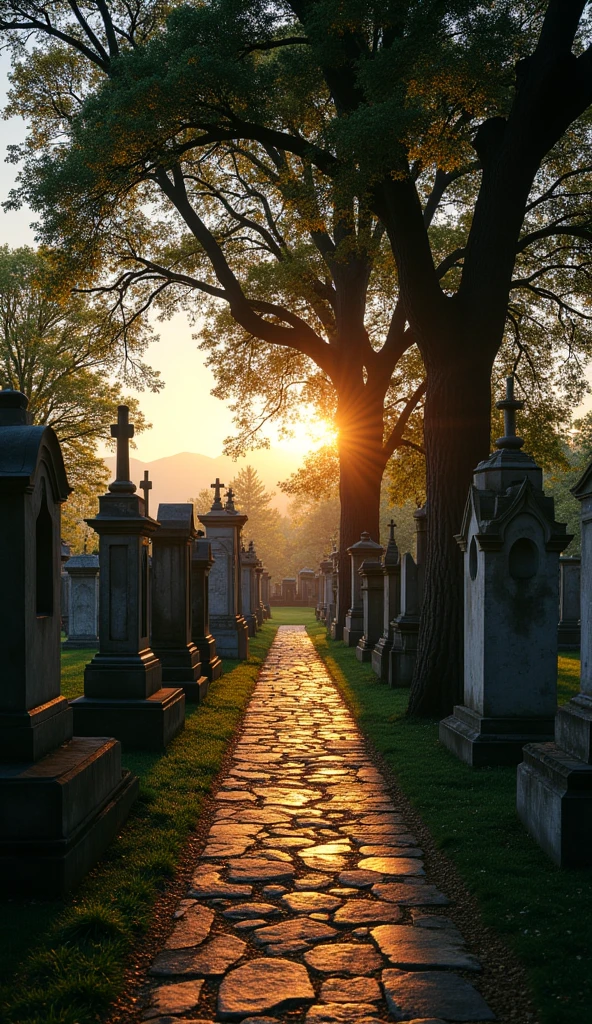 clearing! Here is a prompt to create an image of a cemetery:

"A cemetery scene at dusk, with a soft orange sky in the background. The cemetery is peaceful and serene, with old, well-preserved stone tombstones, some moss-covered. There are a number of tall, leafy trees around, its shadows cast upon the ground. The soft light of twilight gently illuminates the tombstones, creating a calm and respectful atmosphere. The scene conveys a sense of peace and reflection."