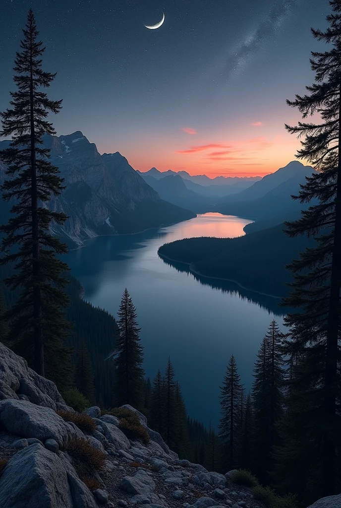 A picture from the top of a mountain, where the view from below has a dark lake Ness style lake in each corner of the bottom of the image there is a mountain in the center of the sky there is a crescent moon with stars in the dark sky the sun is beginning to rise and we can only observe the bottom of the sky catching fire and all this image is reflected in the dark lake the weather of the photo is dark and has Pine trees on the sides of the mountain going down to the next of the lake