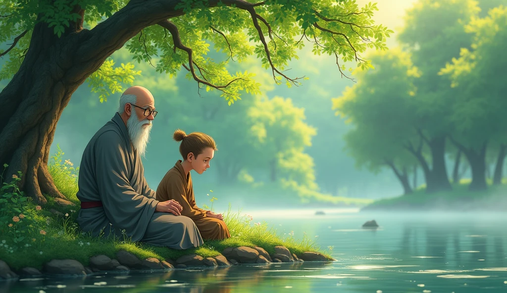 Old monk master sitting with his young monk student beside riverbank and student monk asking to monk master, trees, beautiful scenario, in anime style,