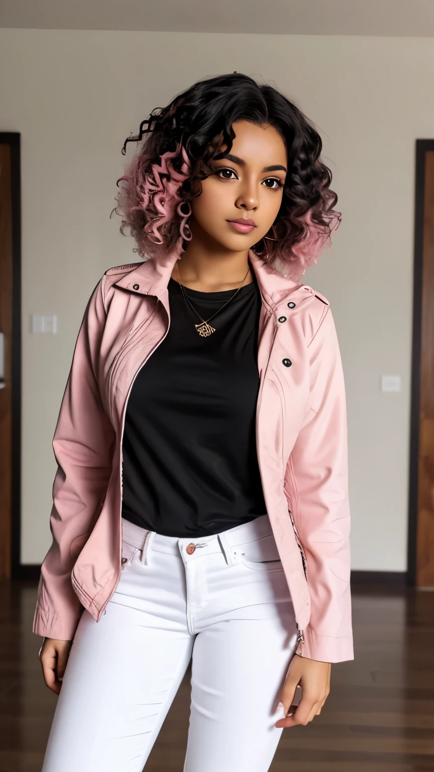 1 person, Brown Skin, (masterpiece), Curly Hair, Small breasts, Black Hair, Pink Eyes, Black jacket, White shirt, jeans, Anime, Latina, Pink Hair