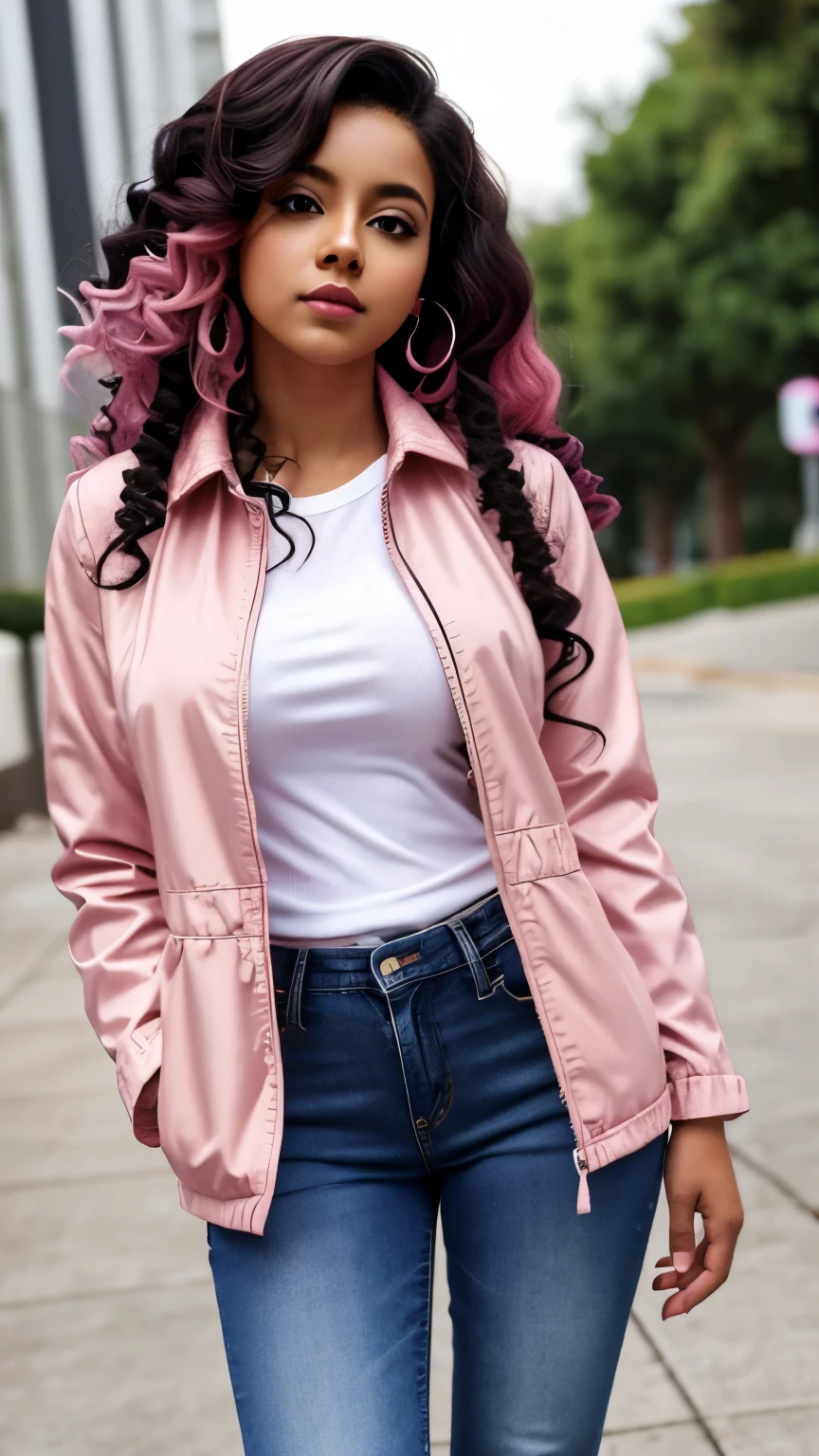 1 person, Brown Skin, (masterpiece), Curly Hair, Small breasts, Black Hair, Pink Eyes, Black jacket, White shirt, jeans, Anime, Latina, Pink Hair