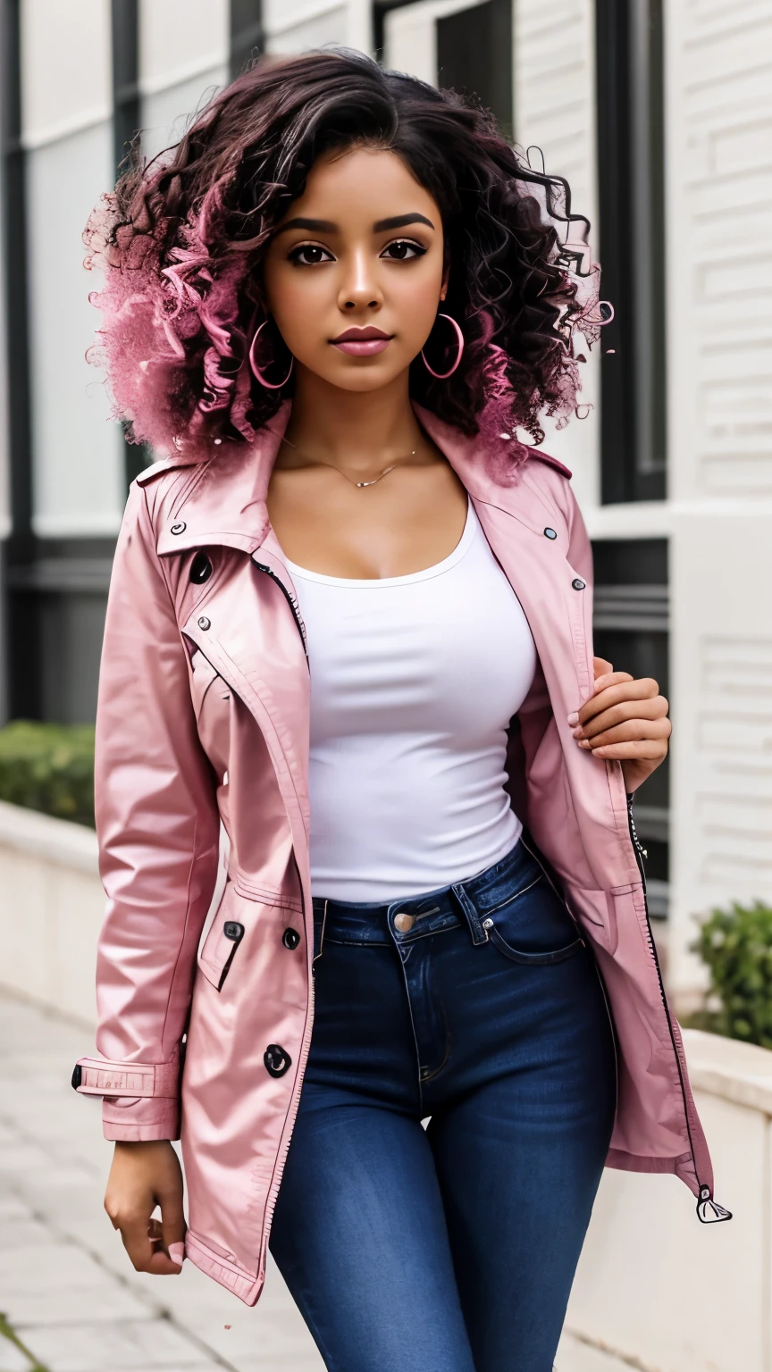 1 person, Brown Skin, (masterpiece), Curly Hair, Small breasts, Black Hair, Pink Eyes, Black jacket, White shirt, jeans, Anime, Latina, Pink Hair