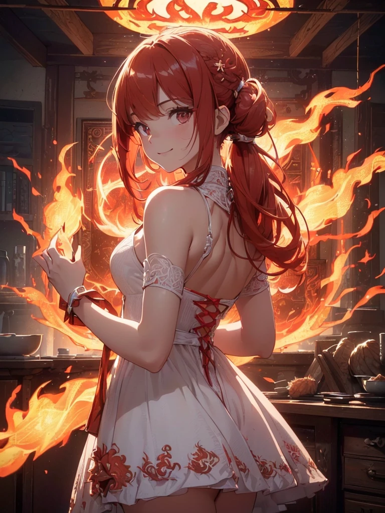 (((best quality, sharp image, clear image, cinematic lighting, 8k resolution, masterpiece, ultra detailed, intricate))) Girl, (((looking over left shoulder))), (shot from behind), ((half shot)), fiery red hair, pigtails, ((white dress)), ((flaming sigils, flaming runes)), spiky rock formations, (flaming lotus flowers frame), (intricate background), ((Phoenix)), (swirling flames), smiling