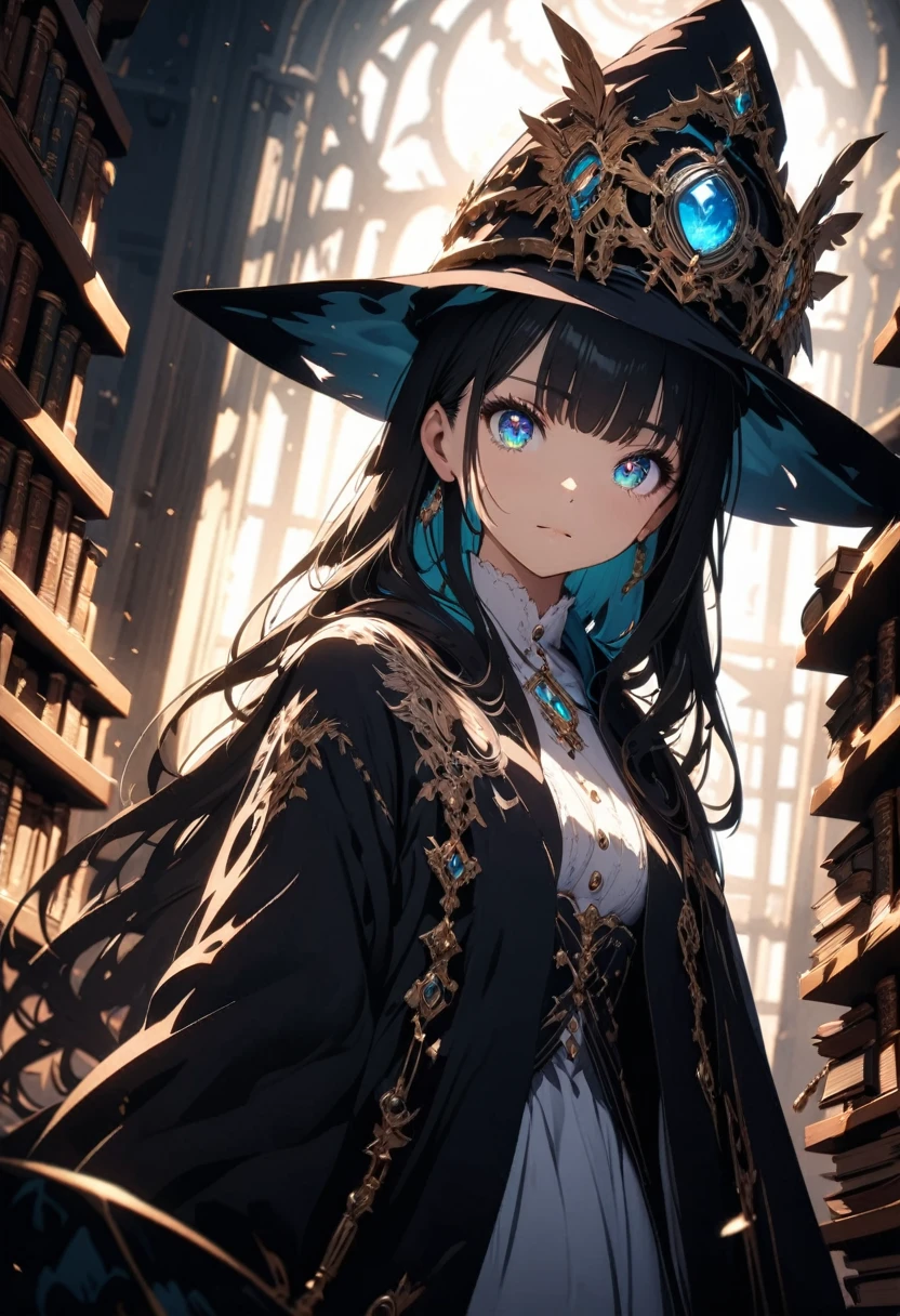 (Wizard girl, master of the magic library), adorable girl, cute face, (finely detailed beautiful eyes: 1.3), double eyelids, (eyelash: 1.2), shaggy long hair, elegant magic robe, hat, faint smile, Invoking the magic, dark aura, 
A magical library with endless bookshelves, shelves filled with old scrolls and magical books, 
Magical books are flying through the air:1.3, tables lined with books, ancient magical tools, precious books, crystal ball, 
Multiple clocks showing different times:1.3, 
((best quality: 1.2, very detailed, ultra-high resolution, absurdres: 1.3, highres: 1.3, masterpiece: 1.2, top quality, best aesthetic, fine texture, perfect lighting: 1.2, best shadow, sharp focus: 1.3, high contrast, high color saturation)), (anatomically correct, perfect hands: 1.2), (professional photography:1.2), cinematic lighting, anime style, 