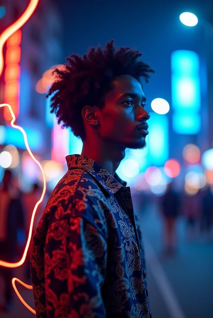 Generate an image of Ethiopian ager man with a blue and red led lights effects