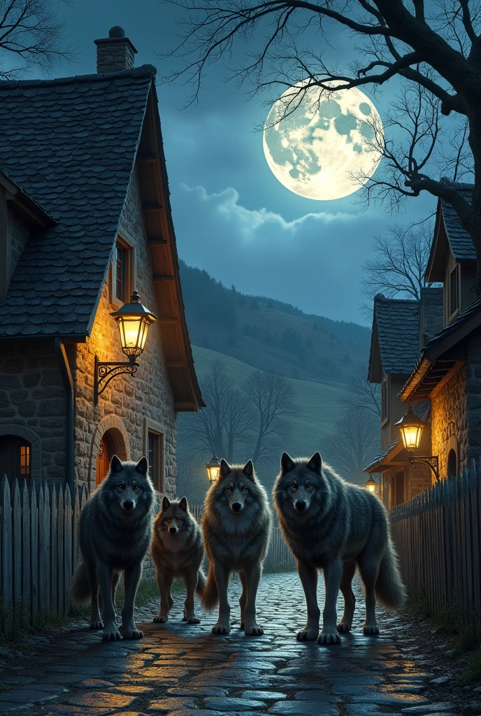 show a 5 werewolf image in village with the villagers, but the werewolf don't too bigger