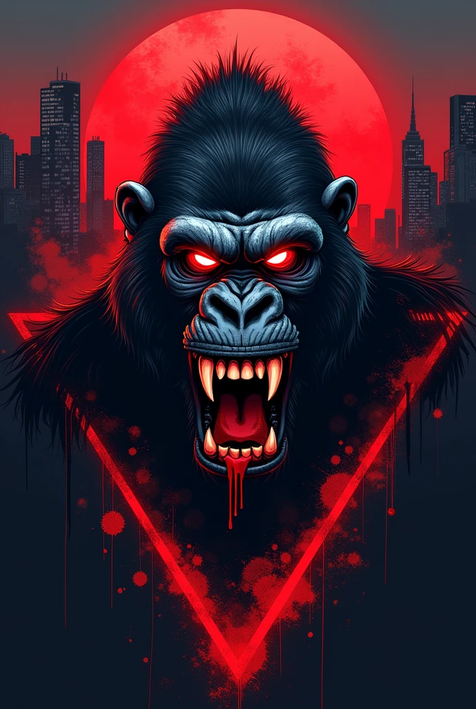 Advertising logo for a trap artist called Vloodi Monkey featuring a demonized gorilla with a blood drop theme.