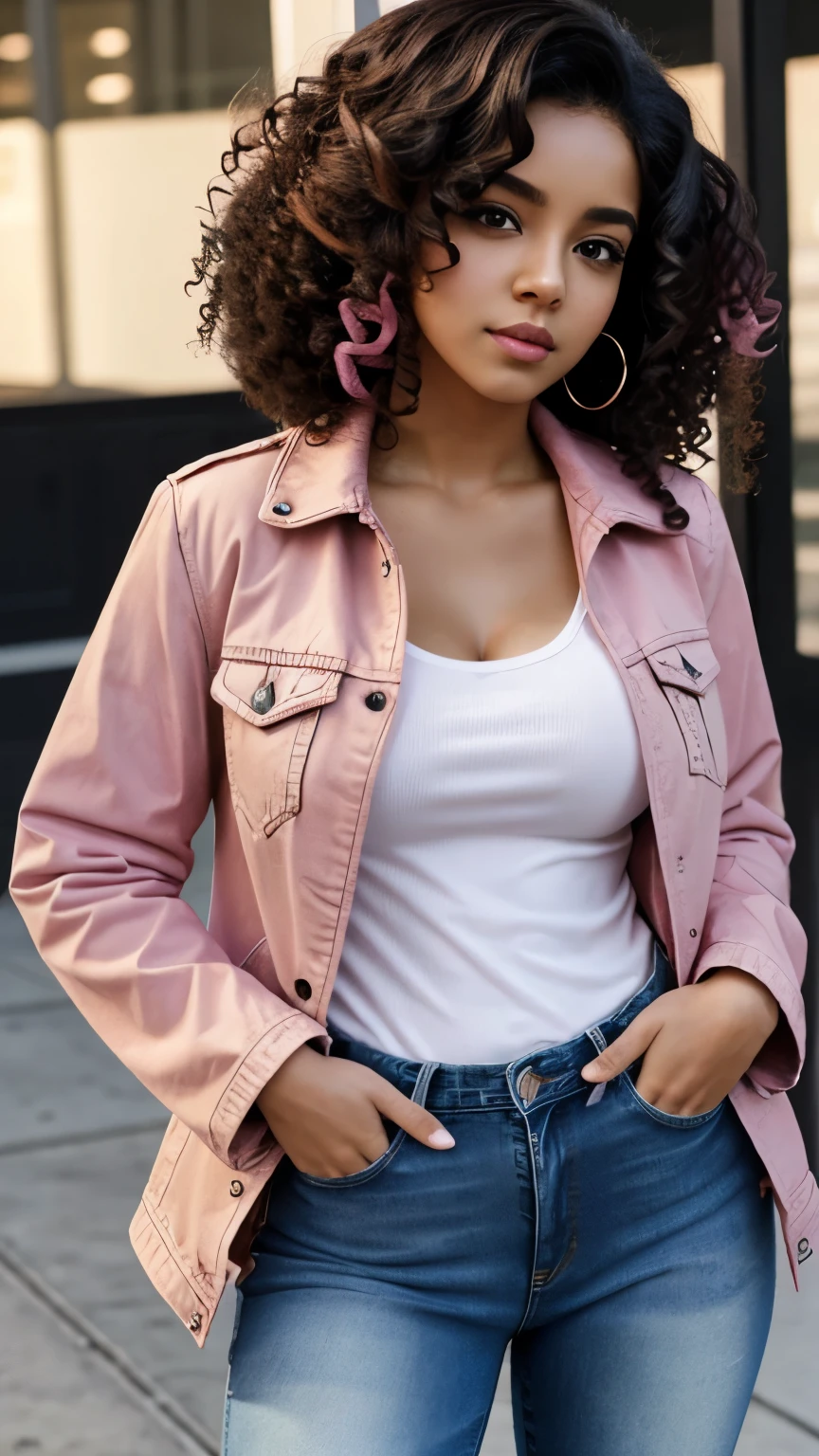 1 person, Brown Skin, (masterpiece), Curly Hair, Small breasts, Black Hair, Pink Eyes, Black jacket, White shirt, jeans, Anime, Latina, Pink Hair