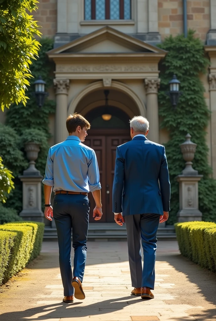 A young  man named Steve with blue shirt Reaches the mansion with   rich old man named dereck wearing blue shirt 