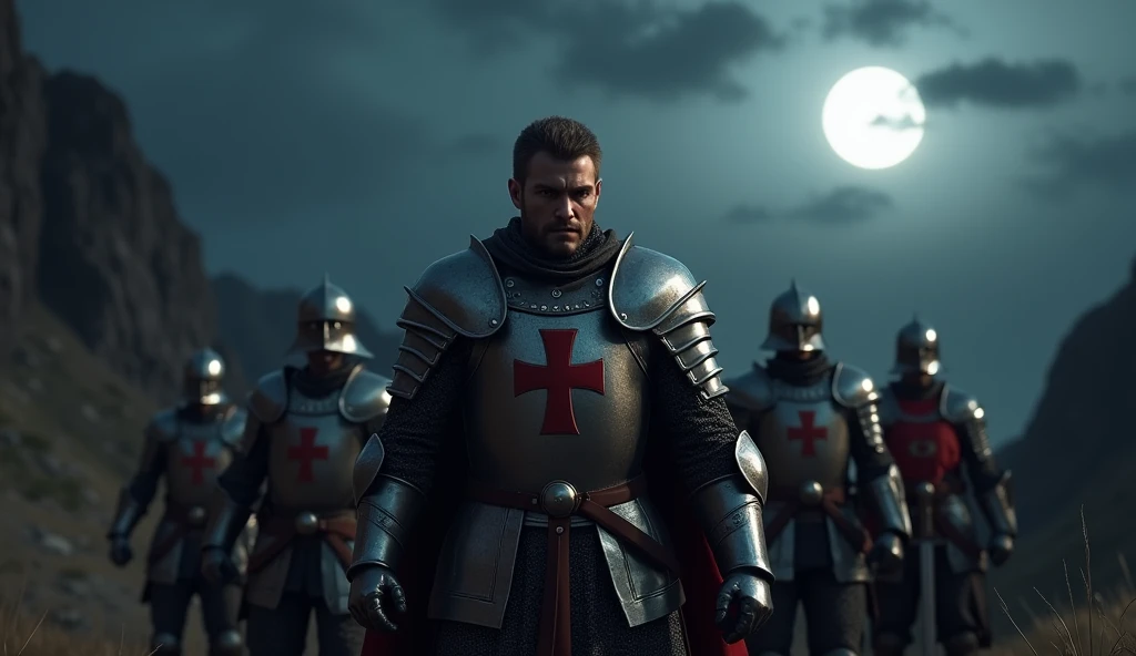 A highly realistic, high-contrast, 8K HD, detailed, hyper-detailed image of a group of Crusader knights, led by the protagonist in steel armor with a red cross emblem on his chest, all facing the same direction under the cover of night. The protagonist's face is clearly visible, showing determination and resolve as he leads the group. The other knights stand united beside him, their swords at the ready, as they prepare to face the challenges ahead. The dramatic landscape around them is illuminated only by the faint light of the moon and stars, with rugged terrain and ominous skies heightening the intensity of the scene. The atmosphere is tense yet filled with camaraderie and resolve, capturing the unity and unyielding spirit of the Crusaders as they stand together in the darkness. The image is of the highest quality, with ultra-high resolution, RAW photo quality, and Unreal Engine rendering, showcasing the solidarity and strength of the Crusaders, with the protagonist leading them under the night sky.