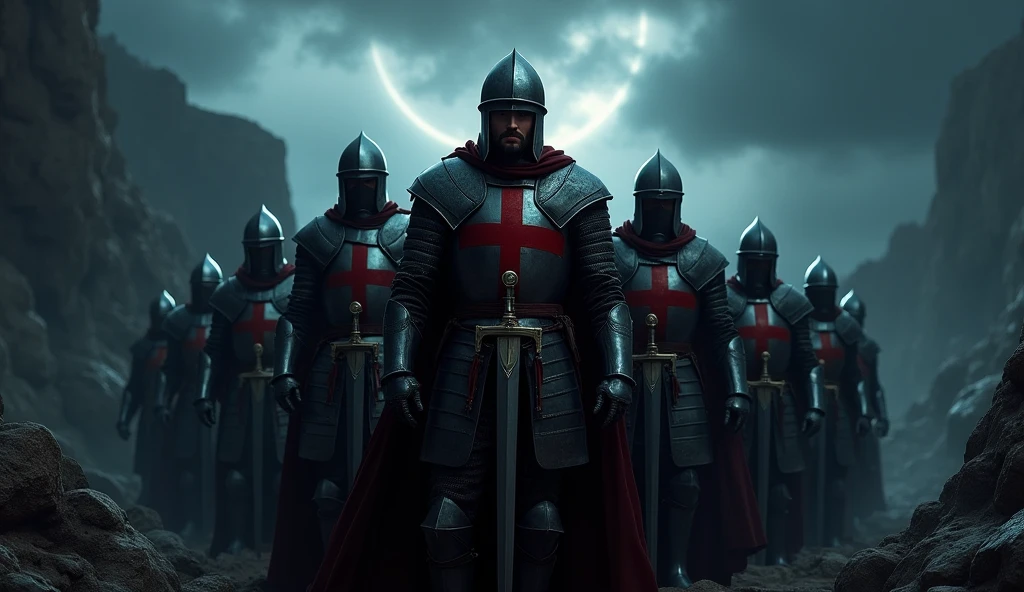A highly realistic, high-contrast, 8K HD, detailed, hyper-detailed image of a group of Crusader knights, led by the protagonist in steel armor with a red cross emblem on his chest, all facing the same direction under the cover of night. The protagonist's face is clearly visible, showing determination and resolve as he leads the group. The other knights stand united beside him, their swords at the ready, as they prepare to face the challenges ahead. The dramatic landscape around them is illuminated only by the faint light of the moon and stars, with rugged terrain and ominous skies heightening the intensity of the scene. The atmosphere is tense yet filled with camaraderie and resolve, capturing the unity and unyielding spirit of the Crusaders as they stand together in the darkness. The image is of the highest quality, with ultra-high resolution, RAW photo quality, and Unreal Engine rendering, showcasing the solidarity and strength of the Crusaders, with the protagonist leading them under the night sky.