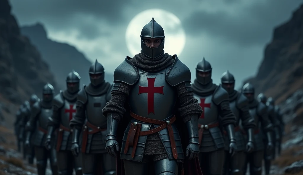 A highly realistic, high-contrast, 8K HD, detailed, hyper-detailed image of a group of Crusader knights, led by the protagonist in steel armor with a red cross emblem on his chest, all facing the same direction under the cover of night. The protagonist's face is clearly visible, showing determination and resolve as he leads the group. The other knights stand united beside him, their swords at the ready, as they prepare to face the challenges ahead. The dramatic landscape around them is illuminated only by the faint light of the moon and stars, with rugged terrain and ominous skies heightening the intensity of the scene. The atmosphere is tense yet filled with camaraderie and resolve, capturing the unity and unyielding spirit of the Crusaders as they stand together in the darkness. The image is of the highest quality, with ultra-high resolution, RAW photo quality, and Unreal Engine rendering, showcasing the solidarity and strength of the Crusaders, with the protagonist leading them under the night sky.