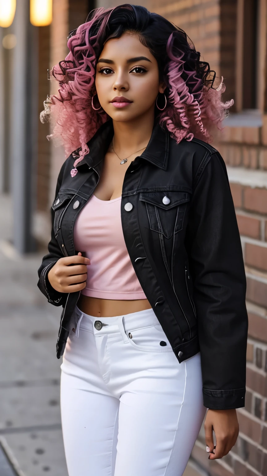 1 person, Brown Skin, (masterpiece), Curly Hair, Small breasts, Black Hair, Pink Eyes, Black jacket, White shirt, jeans, Anime, Latina, Pink Hair