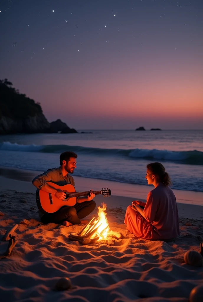 Man playing guitar in front of woman at beach having bonfire night view 