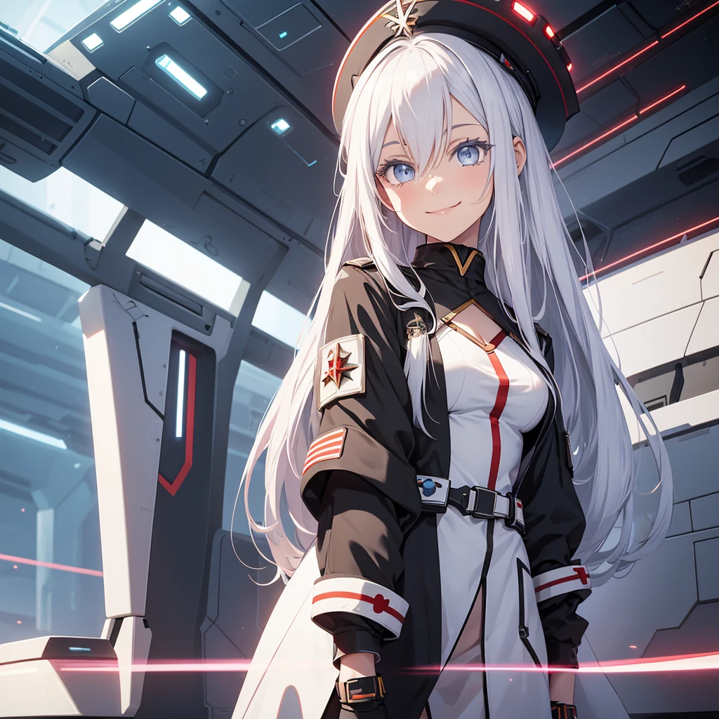 Draw a smiling girl in a futuristic spaceship setting. Her hair is white with a scarlet strand in it. She should look like Vladlena Milize from the anime 86. Black military clothing and beret.