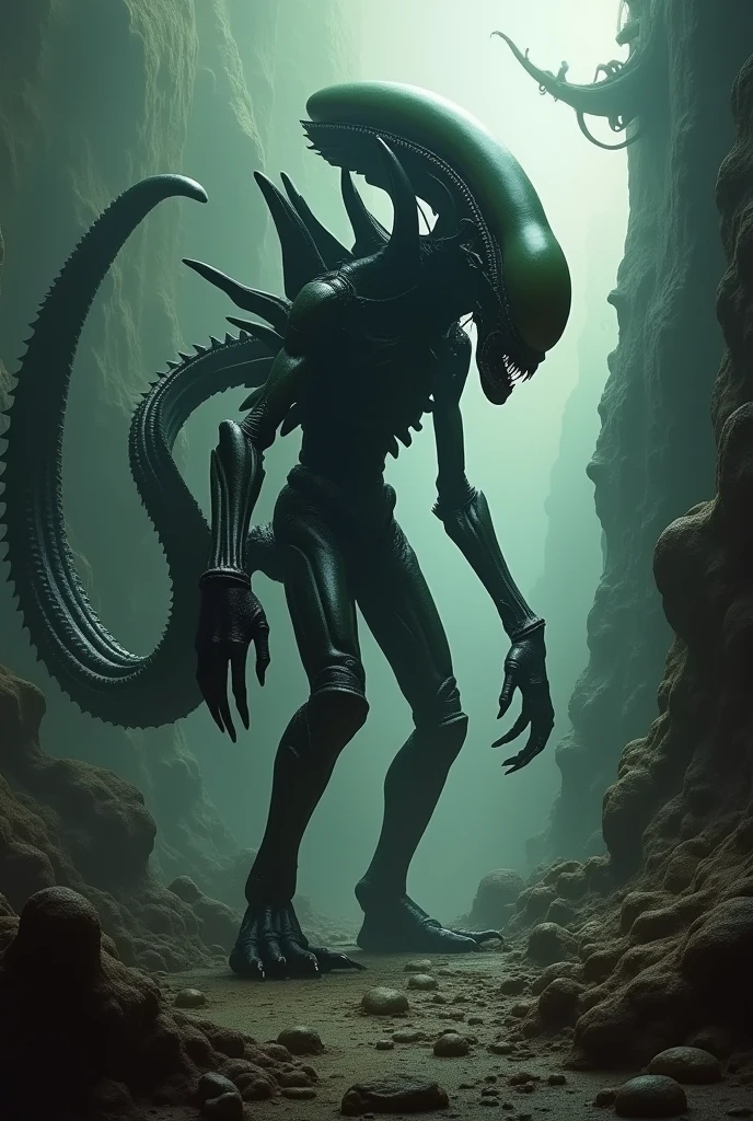 a xenomorph creature, dark and foreboding atmosphere, surreal and twisted, Zdzislaw Beksinski style, muted colors, chiaroscuro lighting, highly detailed, cinematic composition, moody and unsettling, macabre and disturbing, nightmarish vision, visceral and primal, organic and biomechanical, (best quality,4k,8k,highres,masterpiece:1.2),ultra-detailed,(realistic,photorealistic,photo-realistic:1.37)