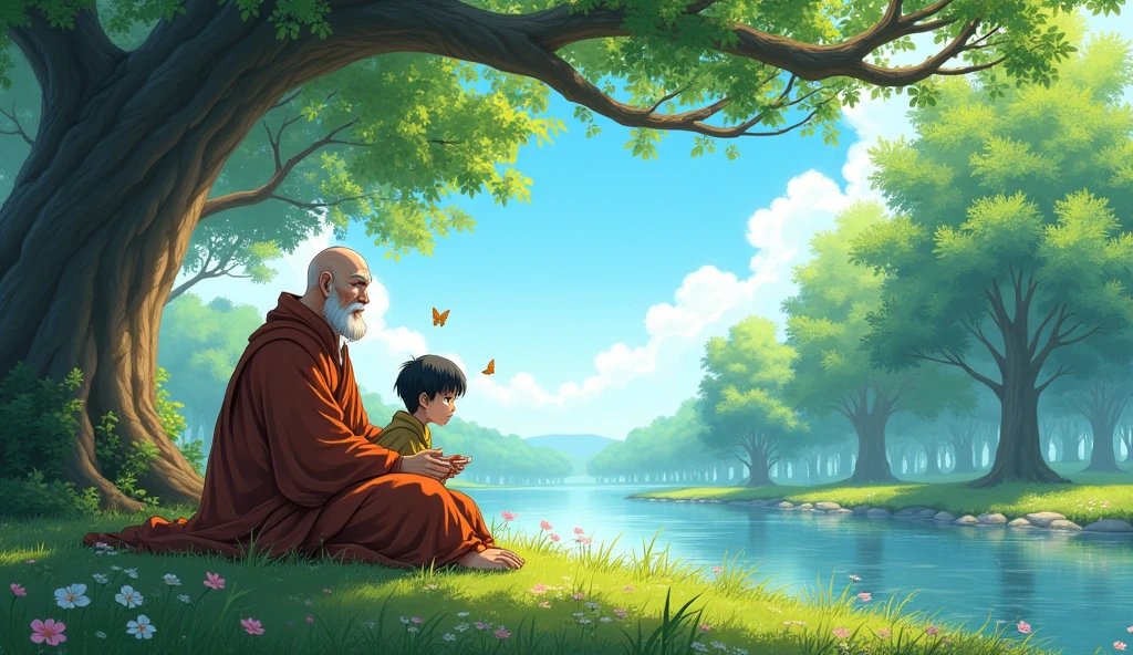 Old monk master sitting with his young monk student beside riverbank and student monk asking to monk master, trees, beautiful scenario, in anime style,