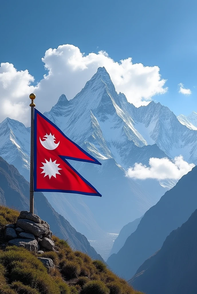 Nepal mountain sky view with Nepal flag