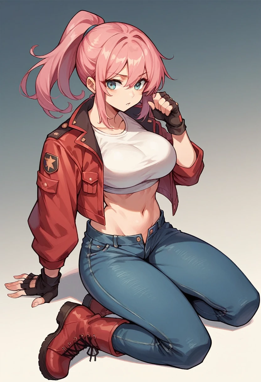 Chibi style, 1girl, pink hair, large breasts, white top, open red jacket, navel, jeans shorts, army boots, fingerless military gloves, ponytail hair, 