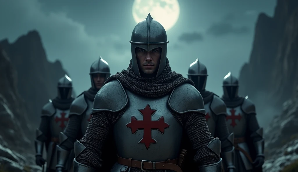 A highly realistic, high-contrast, 8K HD, detailed, hyper-detailed image of a group of Crusader knights, led by the protagonist in steel armor with a red cross emblem on his chest, all facing the same direction under the cover of night. The protagonist's face is clearly visible, showing determination and resolve as he leads the group. The other knights stand united beside him, their swords at the ready, as they prepare to face the challenges ahead. The dramatic landscape around them is illuminated only by the faint light of the moon and stars, with rugged terrain and ominous skies heightening the intensity of the scene. The atmosphere is tense yet filled with camaraderie and resolve, capturing the unity and unyielding spirit of the Crusaders as they stand together in the darkness. The image is of the highest quality, with ultra-high resolution, RAW photo quality, and Unreal Engine rendering, showcasing the solidarity and strength of the Crusaders, with the protagonist leading them under the night sky.
