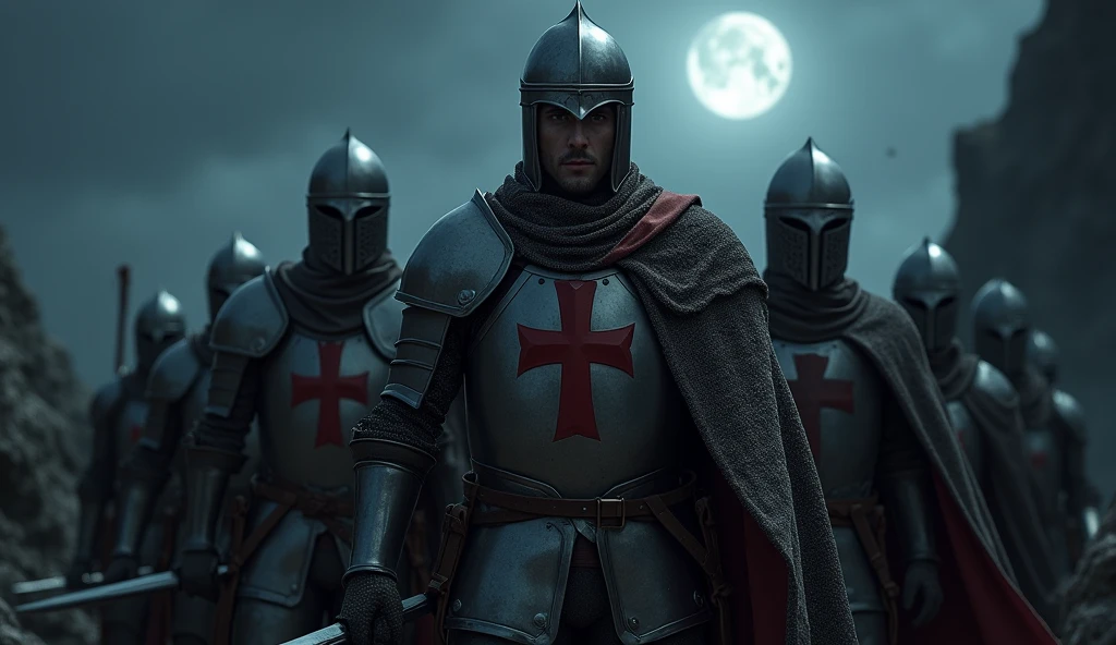 A highly realistic, high-contrast, 8K HD, detailed, hyper-detailed image of a group of Crusader knights, led by the protagonist in steel armor with a red cross emblem on his chest, all facing the same direction under the cover of night. The protagonist's face is clearly visible, showing determination and resolve as he leads the group. The other knights stand united beside him, their swords at the ready, as they prepare to face the challenges ahead. The dramatic landscape around them is illuminated only by the faint light of the moon and stars, with rugged terrain and ominous skies heightening the intensity of the scene. The atmosphere is tense yet filled with camaraderie and resolve, capturing the unity and unyielding spirit of the Crusaders as they stand together in the darkness. The image is of the highest quality, with ultra-high resolution, RAW photo quality, and Unreal Engine rendering, showcasing the solidarity and strength of the Crusaders, with the protagonist leading them under the night sky.