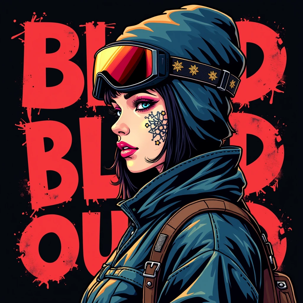 Asian Girl Rapper, face_tattoos, side view, action, cartoon, Album cover, "BLOOD IN BLOOD OUT", Letters say BLOOD IN BLOOD OUT, Album Cover, dark, Ski_Mask, sturmhaube, comic style, gangster, tech wear outfit, dynamic