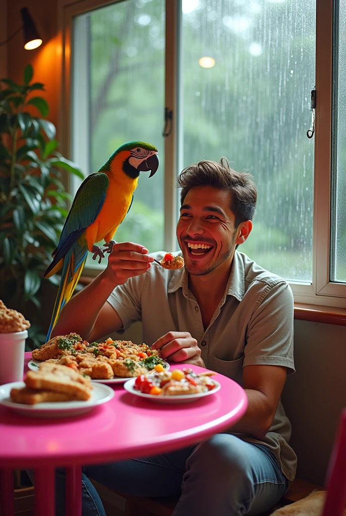 Man eating food in the pink table with a parrot beside it and show raining outside also add dog