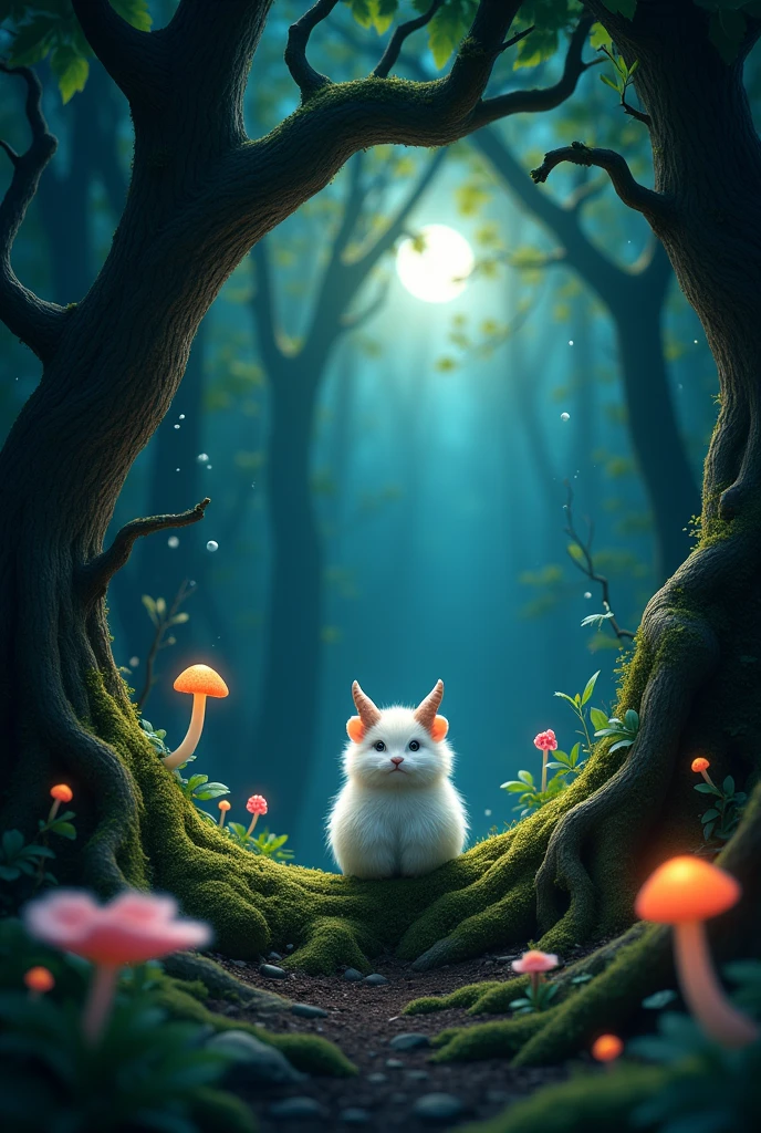 An animation of a dark forest, with a small creature, very small, White color, hairy and round, shining and with little horns on her head standing in the middle of the forest, as a title will carry "The Boopies' Forest