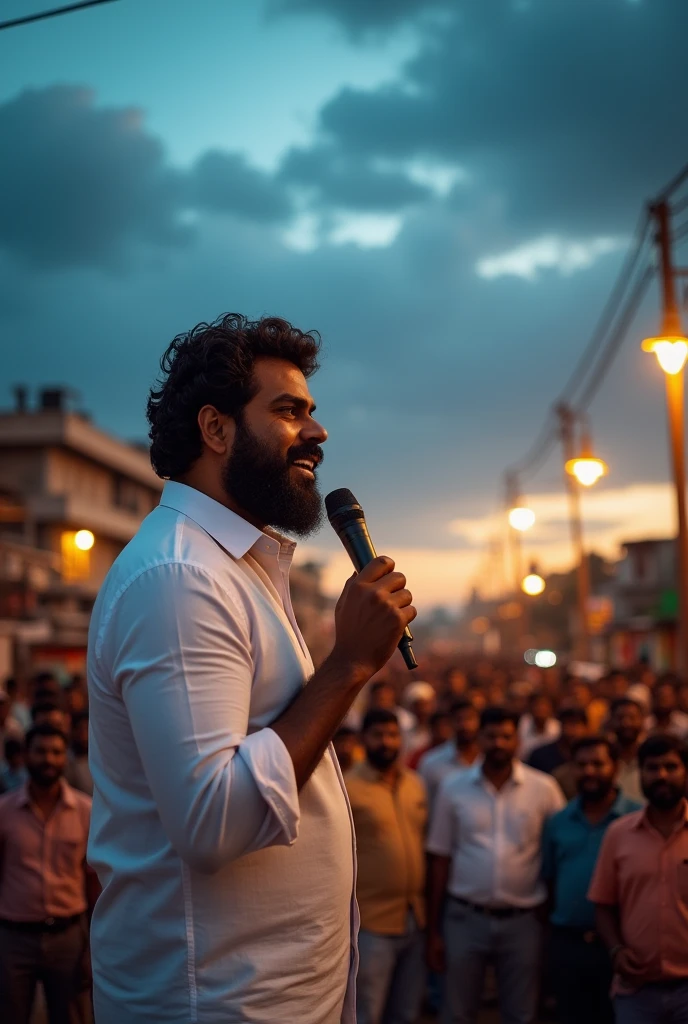 A man with dark hair and beard and wearing white shirt full sleeve standing in front of a tamilnadu men crowd speak in mike with a street light in night in the background against a dramatic sky with clouds and a cityscape in the background