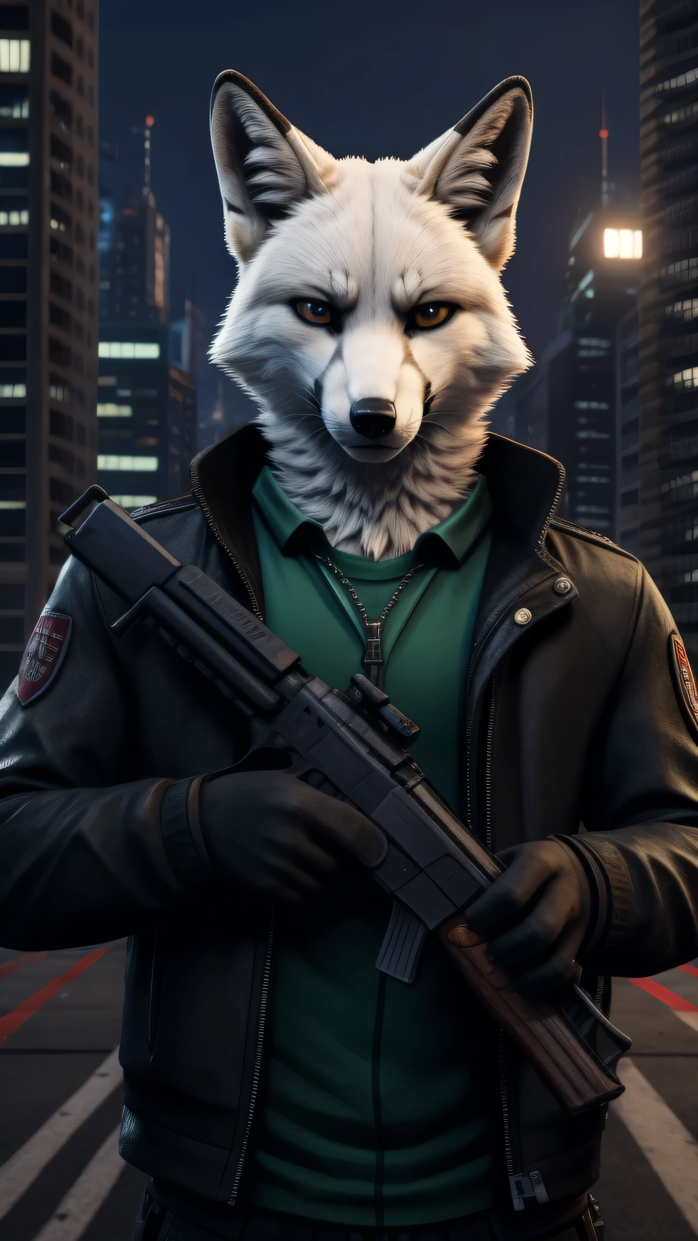 GTA White fox Looking at the camera and an Background of a city, (gun)