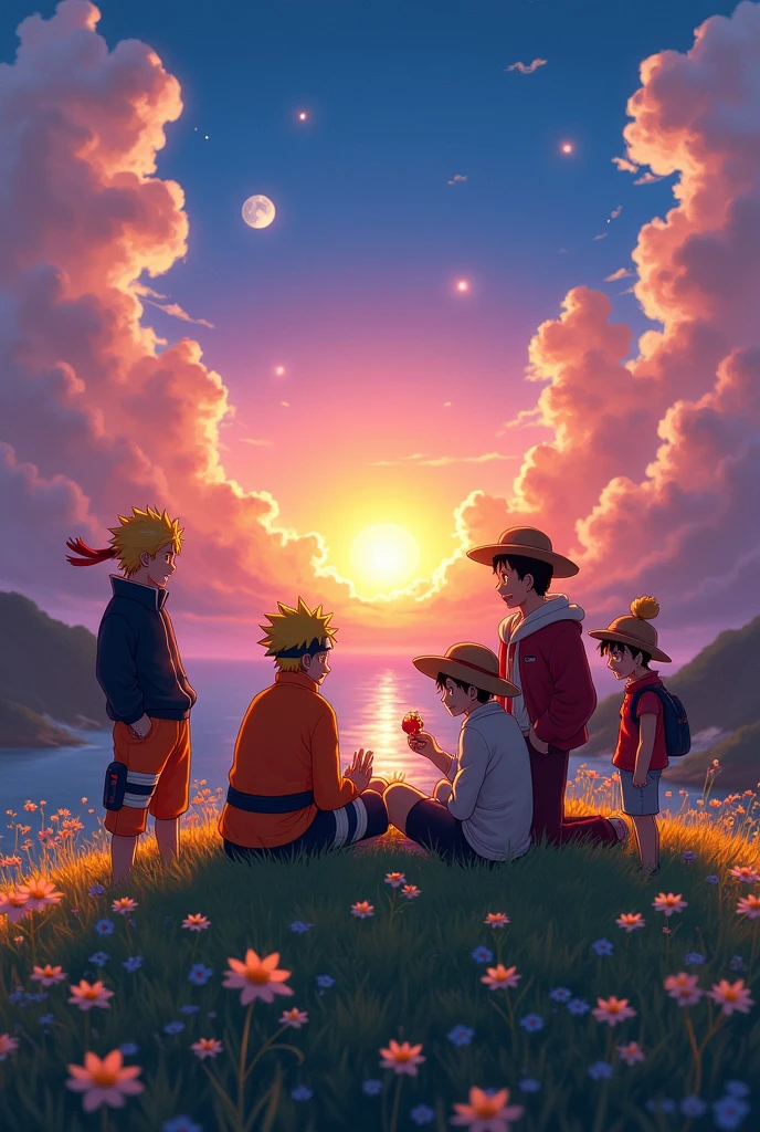 Anime characters from Naruto ,one piece and jujutsu kaisen enjoying their life by staying together and showing the example of togetherness and passion of teamwork background of great scenery in evening with sun and moon in opposite sides only six or seven characters should be shown
