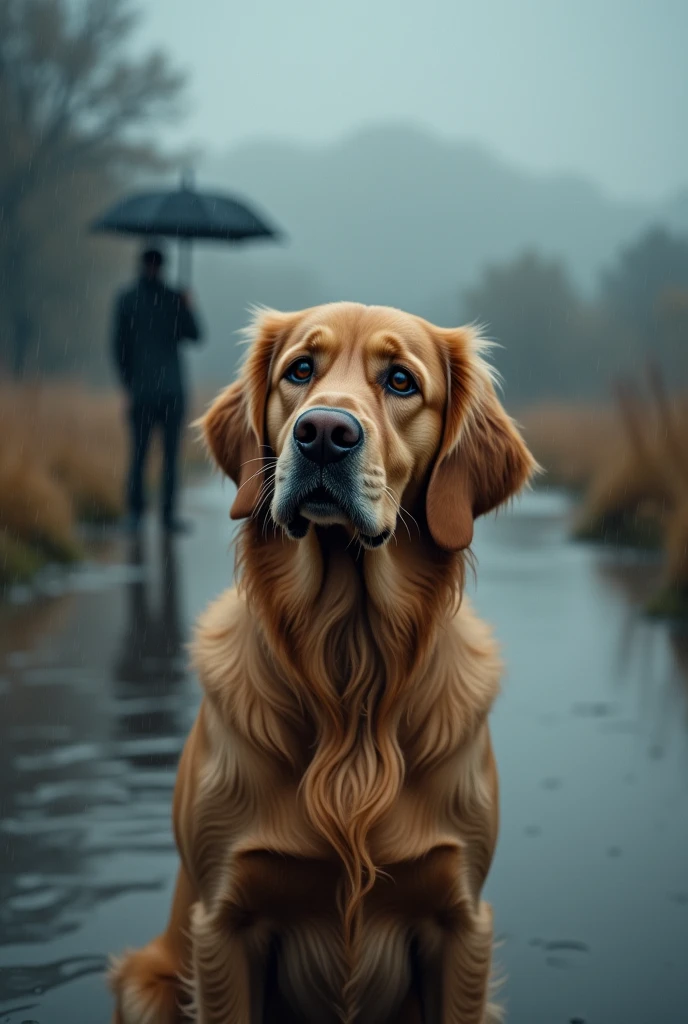 Sad dog in the rain