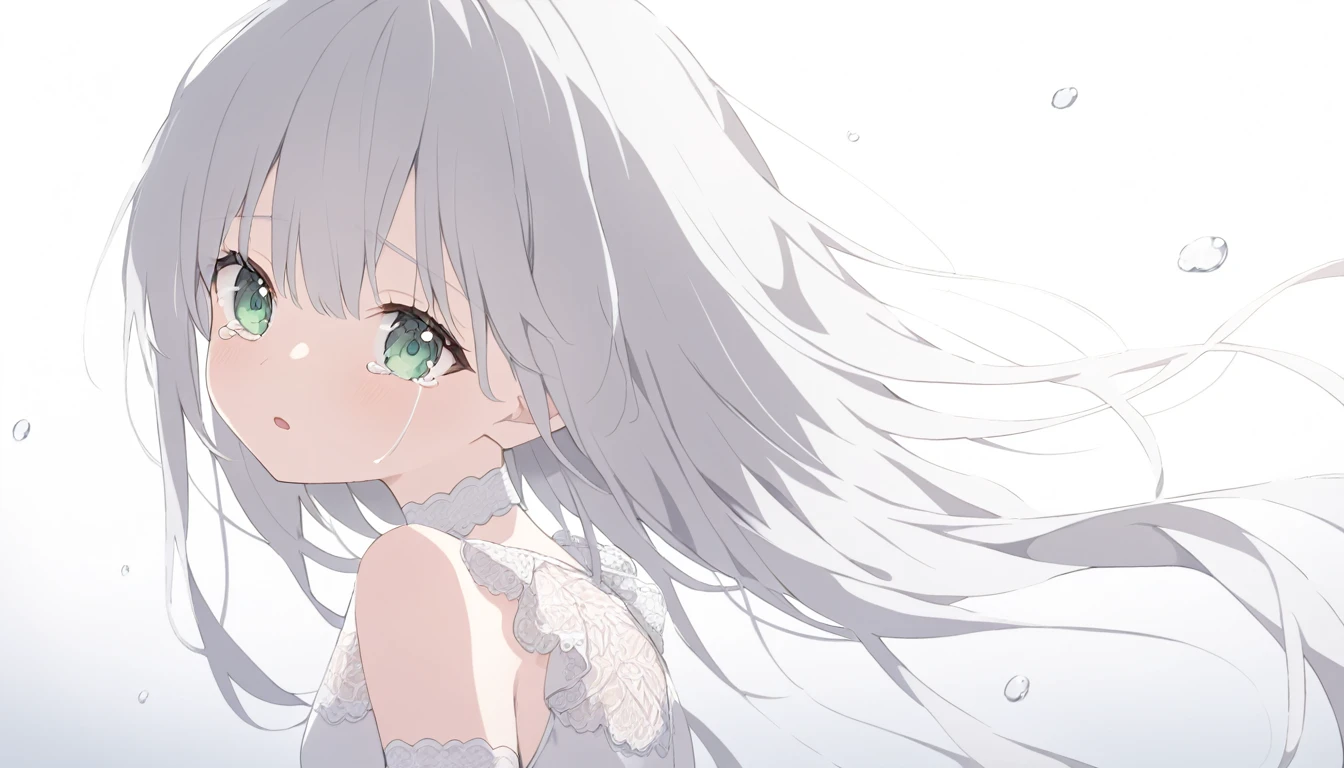 Pale gray hair　Slightly bluish, Dark green eyes　Eyes wide open　White choker　Expressionless　 Tears running down my cheeks　Looking into the camera　look back　A white dress with thin white lace　Slightly open mouth　大量にFlowing Tears　ほっぺをFlowing Tearsが続く　Flowing Tears　Quiet and cold like the moon