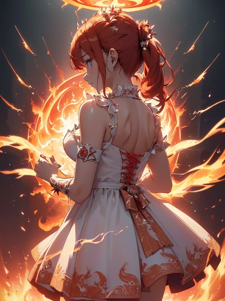 (((best quality, sharp image, clear image, cinematic lighting, 8k resolution, masterpiece, ultra detailed, intricate))) Girl, (((looking over left shoulder))), (shot from behind), ((half shot)), fiery red hair, pigtails, ((white dress)), ((flaming sigils, flaming runes)), spiky rock formations, (flaming lotus flowers frame), (intricate background), ((Phoenix)), (swirling flames), smiling