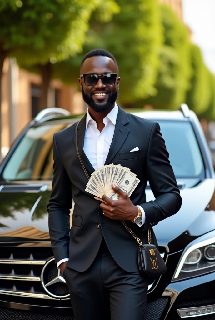 Un homme noir beau habille en ensemble louis vuitton
Avec sacoche louis vuitton devant une mercedes ML350 tenant en main deux million de fcfa