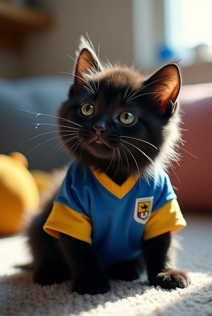 Fat black kitten crying wearing a Club America shirt