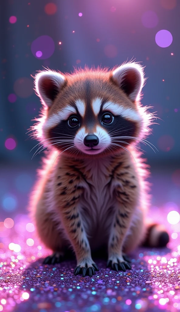 A captivating and whimsical conceptual photograph featuring a delightfully fluffy baby raccoon, adorned with a playful leopard fur pattern. The raccoon is surrounded by vibrant and enchanting iridescent glitter that creates a shimmering gradient of colors, ranging from deep purple to royal blue to soft pink. The glitter particles scatter around the scene, giving off a festive, disco-ball-like atmosphere. The photograph's luxurious, versatile design makes it suitable for various applications, including fashion, photography, 3D renderings, and conceptual art., photo, 3d render, conceptual art