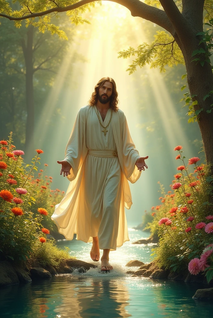 “Jesus walking through lush, ethereal gardens in heaven, surrounded by vibrant, otherworldly flowers and trees. A soft glow fills the air, and streams of golden light shine down from the sky. He is dressed in white, and His footsteps leave a trail of light as He walks along the crystal-clear river. His face is serene, with an expression of deep peace and love.”
