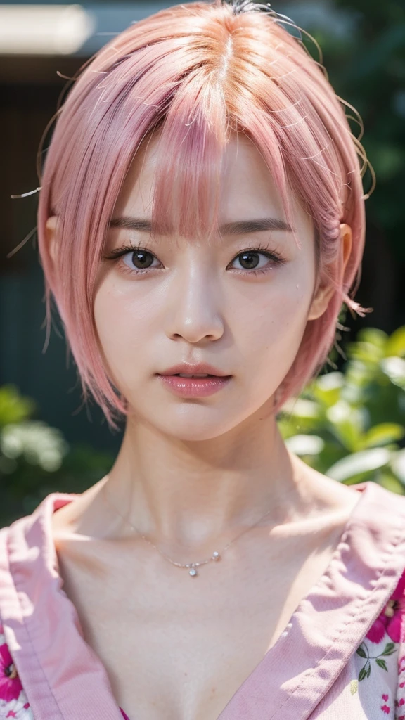 Model actress、One Woman、cool、Japanese and half European、Close-up of face、30 generation beauty、Realistic Skin、yukata、4K images、bright pink hair、Short Hair
