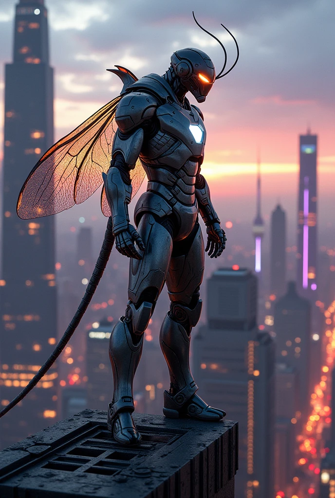create a realistic image of an insect with a human body iroman marvel style, insect characteristics, place a backdrop