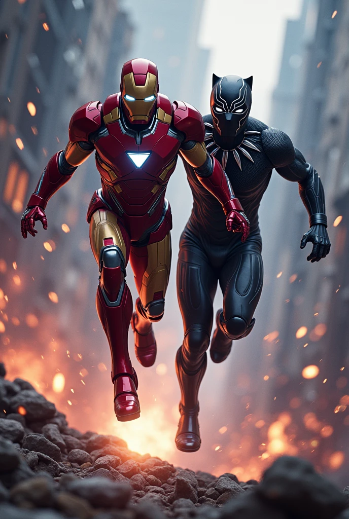 a highly detailed, hyper-realistic digital illustration of iron man and black panther, full body portrait, dynamic action pose, cinematic lighting, vibrant colors, intricate mechanical details, sleek metallic surfaces, powerful superhero characters, cinematic sci-fi atmosphere, 8k, photorealistic