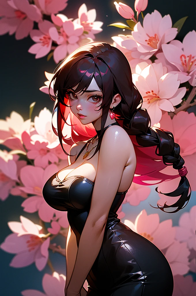 ((best quality))), ((ultra-detailed)), ((an extremely delicate and beautiful)), ((16k)), realistic, hd, cgi, gleaming hair, gleaming skin, Character focus, solo, sharp focus, illustration, game cg, anime, solo, curvy, (big breasts:1.2), white black pink sexy outfit, (belly:0.9), looking at the viewer, accessories, backlighting, shiny skin, shiny body, sakura pink flowers necklace, sakura pink flowers jewellery, long dark black hair, dark brown eyes, long hair red faded into black coloured hair, long hair, red ombre hair, red-black hair, more red hair streaks, soft lighting highlight character's face, soft lighting, deep rosy pink lips, smokey red eyeshadow, long braid, soft lighting highlight character's face, long side braid on the shoulder to waist, a background of sakura pink flowers