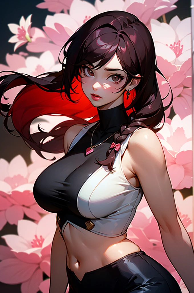 ((best quality))), ((ultra-detailed)), ((an extremely delicate and beautiful)), ((16k)), realistic, hd, cgi, gleaming hair, gleaming skin, Character focus, solo, sharp focus, illustration, game cg, anime, solo, curvy, (big breasts:1.2), white black pink sexy outfit, (belly:0.9), looking at the viewer, accessories, backlighting, shiny skin, shiny body, sakura pink flowers necklace, sakura pink flowers jewellery, long dark black hair, dark brown eyes, long hair red faded into black coloured hair, long hair, red ombre hair, red-black hair, more red hair streaks, soft lighting highlight character's face, soft lighting, deep rosy pink lips, smokey red eyeshadow, long braid, soft lighting highlight character's face, long side braid on the shoulder to waist, a background of sakura pink flowers