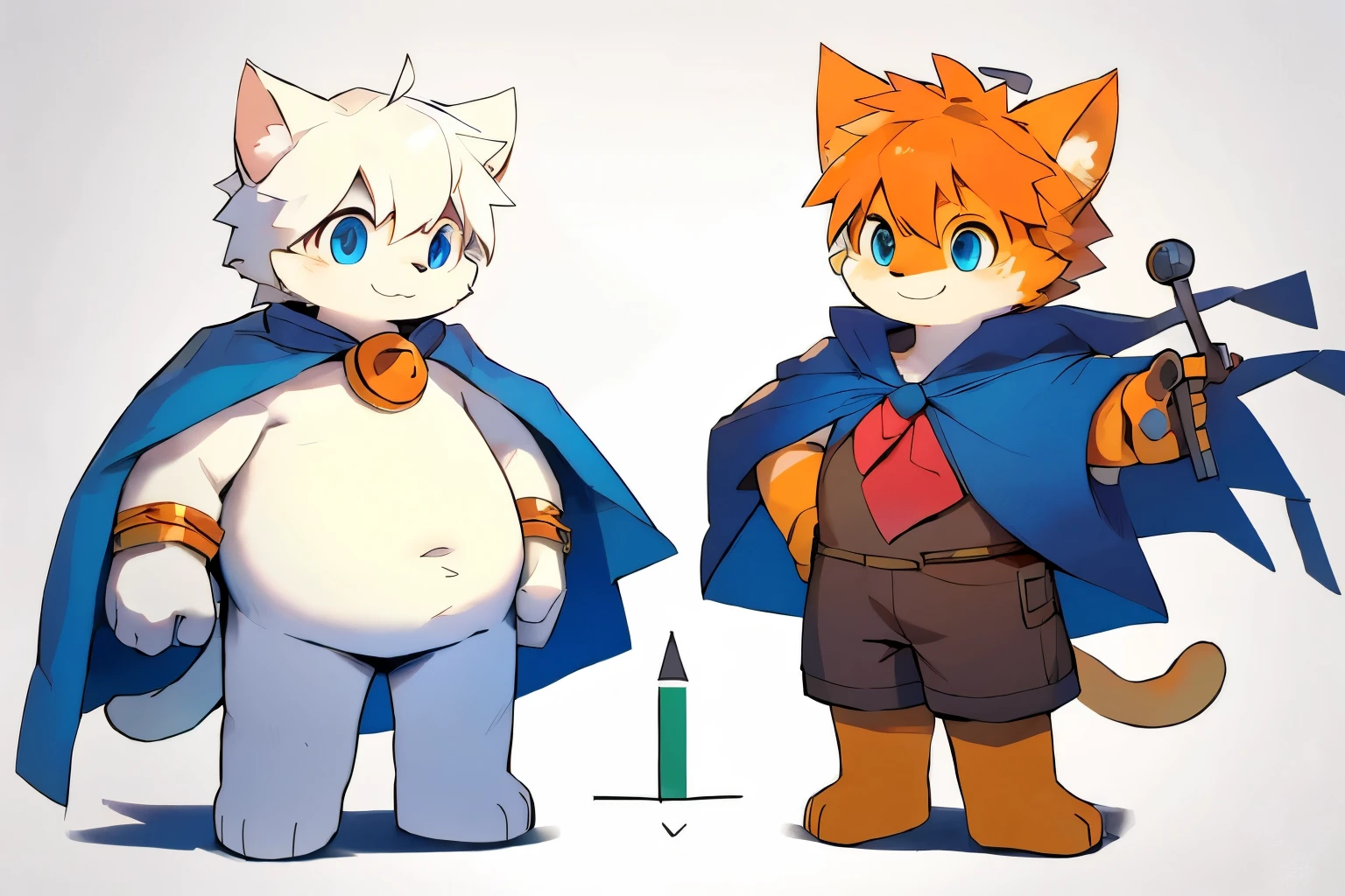 8k, masterpiece, best quality,design diagram,角色design diagram,Big blue cloak,furry,Cat boy,Fat body,Double Ding,Cartoon,Detailed depiction,Eye,Orange hair,White hair。