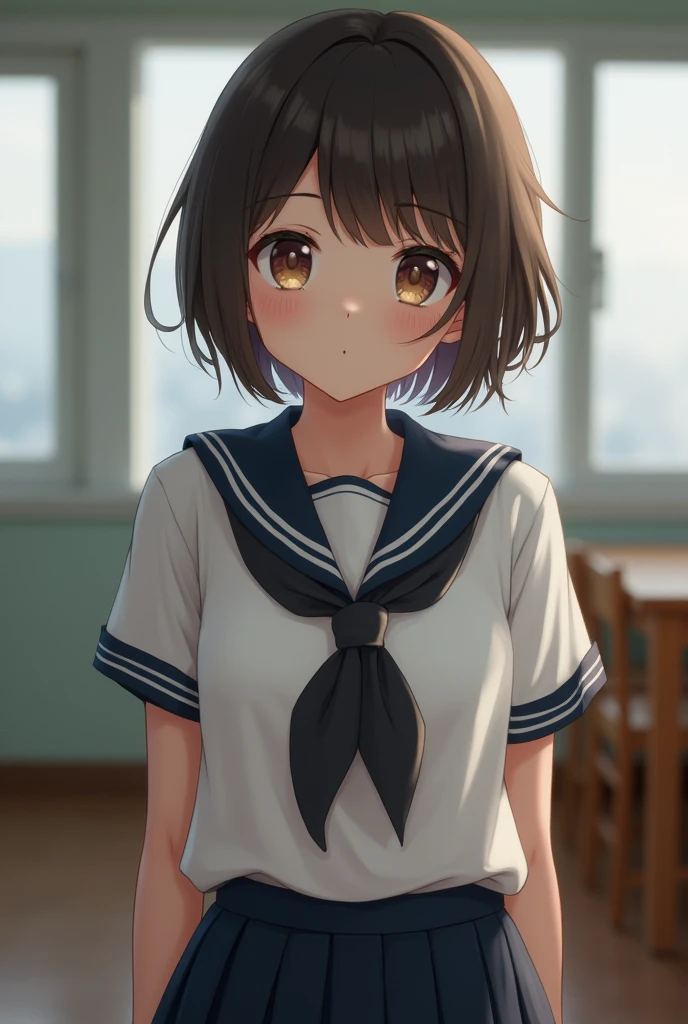 Highest quality, Face Focus, Soft Light, Ultra-high resolution, (Realistic:1.4), RAW Photos, 1 Japan, alone, cute, (A shy smile:0.5), (Brown eyes, Light in your eyes), Beautiful face in every detail, (Small box),(High resolution detail of human skin texture), (Short Bob Hair), break, In the classroom,Navy uniform, Best, skirt,Completely naked