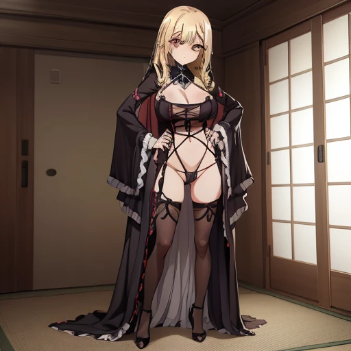 chibi, Beautiful girl , sexy busty, long blonde hair with bangs, full body portrait , NSFW , gothic makeup high resolution 12k , perfect detailed