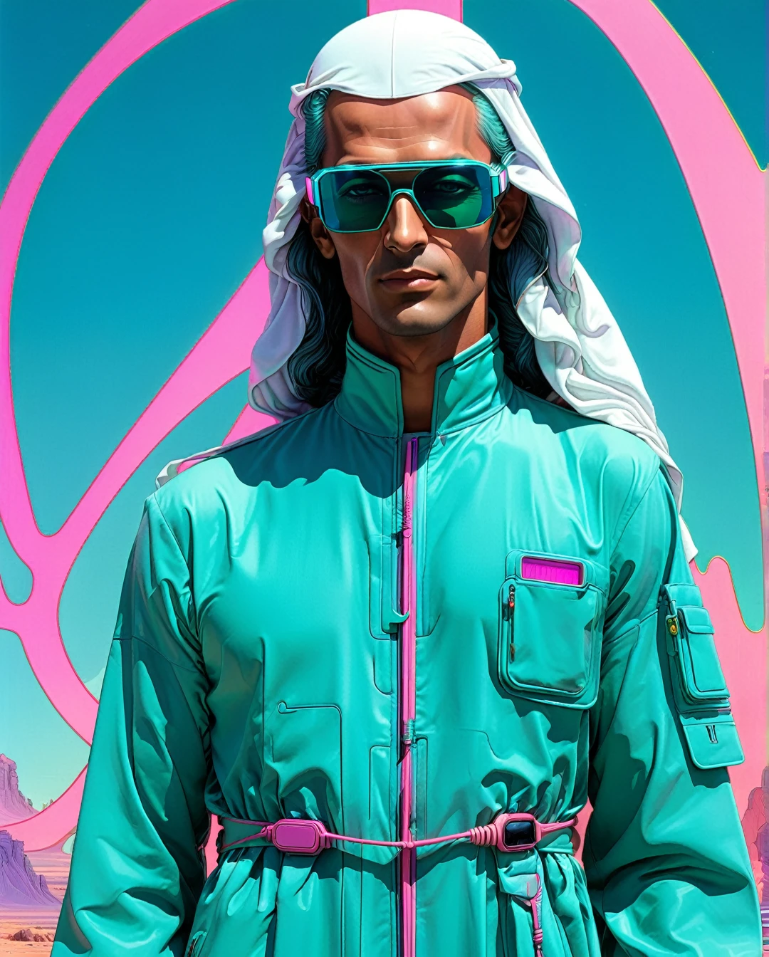 **Moebius (Jean Giraud) Style - An otherworldly portrait by Jean Giraud Moebius, ((masterpiece)), ((best quality)), (highest quality masterpiece), (masterpiece), 
(masterpiece, best quality), in a futuristic style. A male Saudi Arabian character featured in a solo fashion photoshoot, blending traditional elements with 1980s cyberpunk attire. He wears a sleek, tech-infused thobe with neon trims and augmented reality glasses. The background is a simple, one-color matte finish in a teal hue, adding to the vaporwave aesthetics. The overall image is filtered to have a synthwave aesthetic, with soft neon lighting and a subtle glow around the character... PsyAI, Psychedelic, Visionary art, DMT, 
and LSD style by Moebius.**